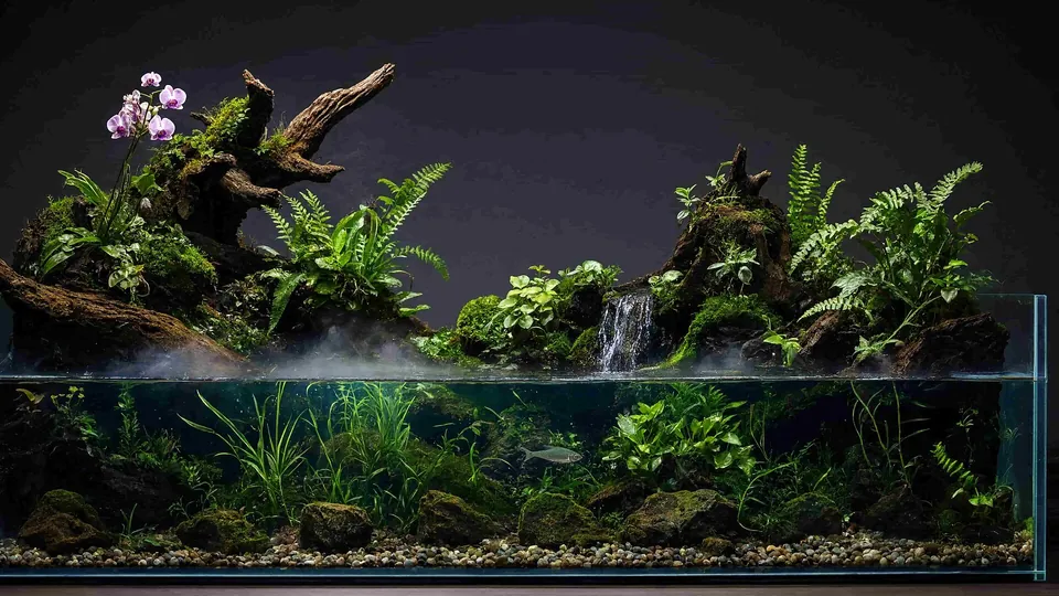 Dicht bepflanztes Süßwasseraquarium mit Wurzeln und ruhiger dunkler Wasserfläche